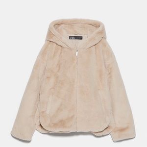 Zara Hooded Faux Fur Cream Zip Up Jacket Size S